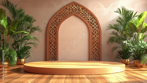 Elegant Wooden Podium with Islamic Arch and Tropical Plants: A Luxurious Display Setting photo