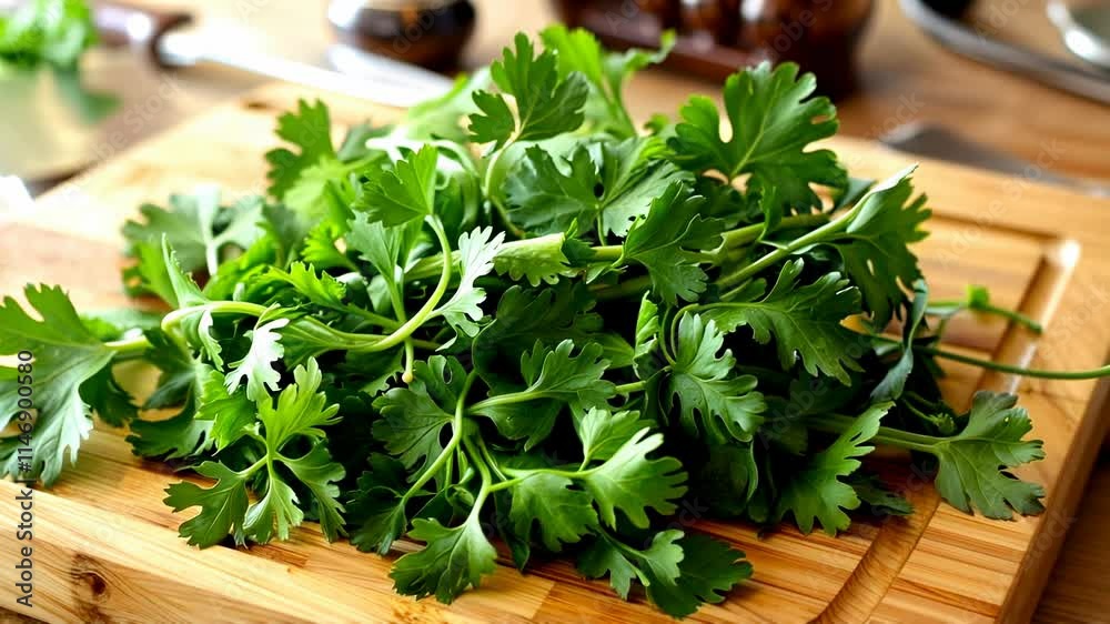 Fresh cilantro is being chopped on a wooden cutting board in a bright kitchen. This herb enhances the flavor of various dishes and is often used in cooking.