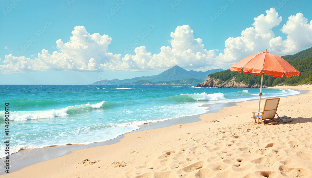 Relaxing beach scene with an umbrella and calm waves on a sunny day Relaxing beach scene with an umbrella and calm waves on a sunny day