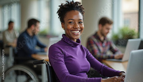 A young African American woman with short twists wearing a fitted purple turtleneck in a wheelchair working on a laptop in office