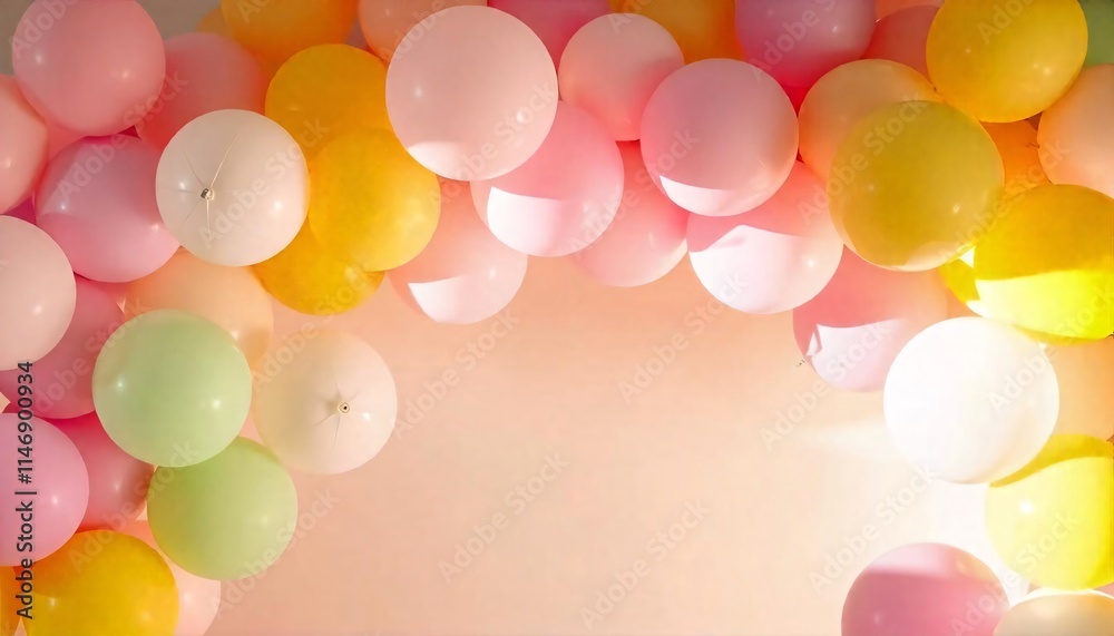 custom made wallpaper toronto digitalA colorful balloon arch with pastel-colored balloons in various shades of pink, yellow, green, and purple against a white background.