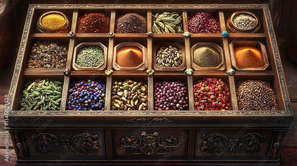Wooden box filled with various colorful spices. (1) Wooden box filled with various colorful spices. (1)