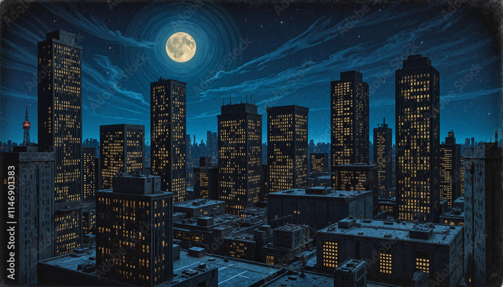 Obraz premium Nighttime city skyline illuminated by a bright full moon over skyscrapers and rooftops