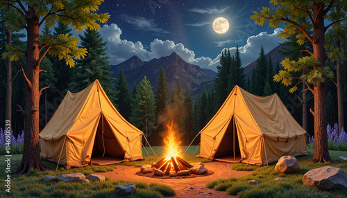Enjoying a serene night under the stars with tents and a campfire in the mountains