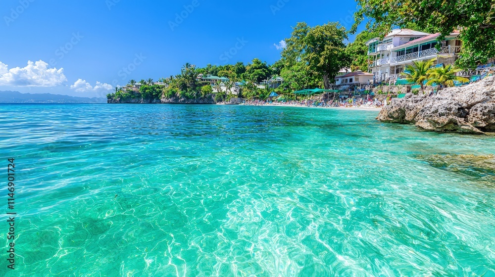 Tranquil turquoise water, beach, and resort. Tranquil turquoise water, beach, and resort.