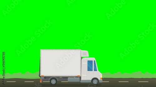Animation loop of a white  refrigerator truck driving on a road with bushes on a green screen, white background and alpha channel (flat design)