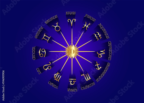 wheel of the zodiac gold 3D set collection 12 zodiac signs, Aries, Taurus, Leo, Gemini, Virgo, Scorpio, Libra, Aquarius, Sagittarius, Pisces, Capricorn, Cancer. Vector isolated on blue background