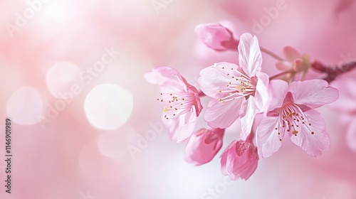 Pink cherry blossoms against a blurred sakura background, close-up shot, Minimalist style