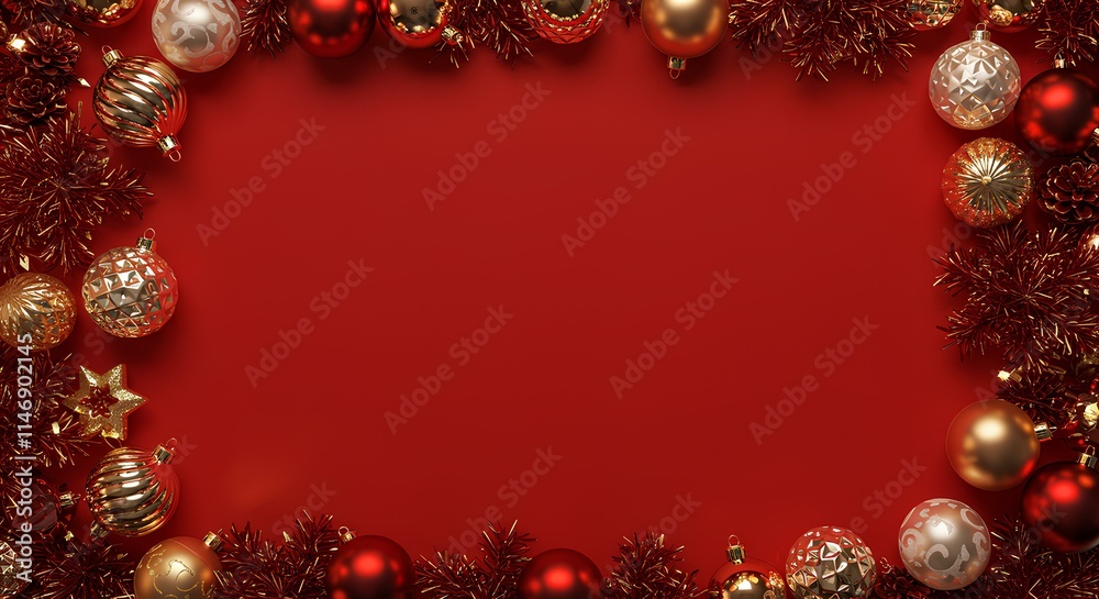Red Christmas card with ornaments frame Red Christmas card with ornaments frame