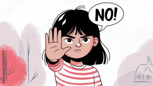 Determined Girl Shouting No with Outstretched Hand in Cartoon Style Illustration for Empowerment Themes