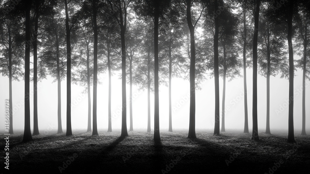 Fototapeta premium Monochrome forest scene in fog, trees casting shadows.