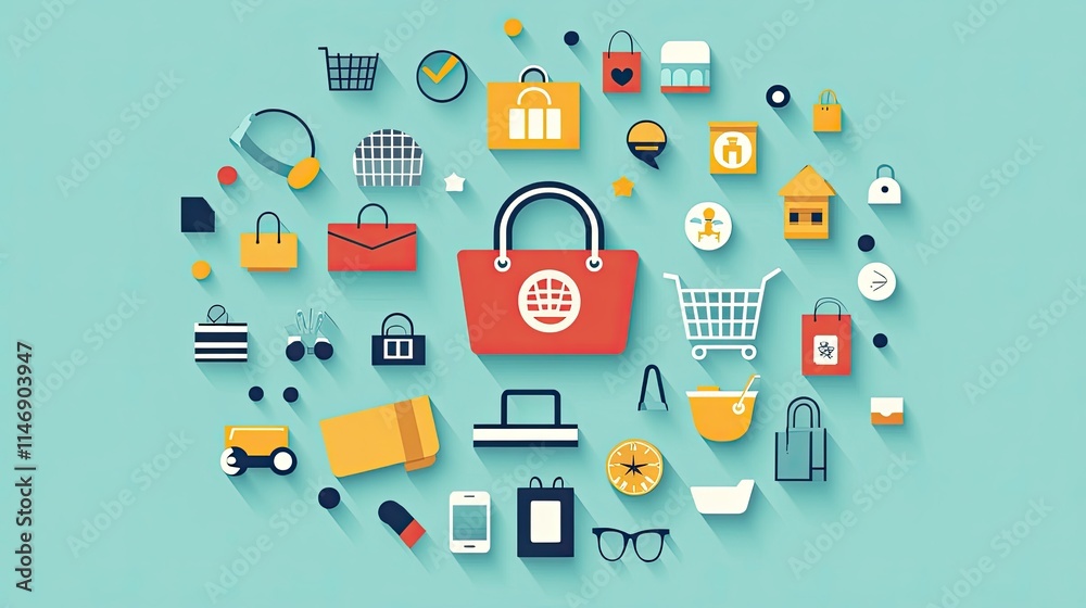 Flat lay illustration of various shopping icons and bags. Flat lay illustration of various shopping icons and bags.