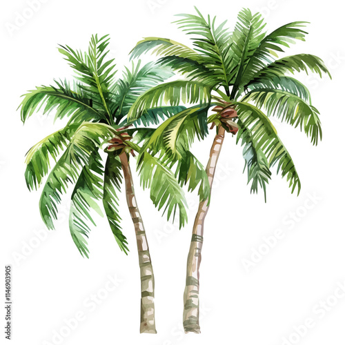 A watercolor vector of a cluster of tropical coconut palms, isolated on a white background. Tropical coconut palms vector.

