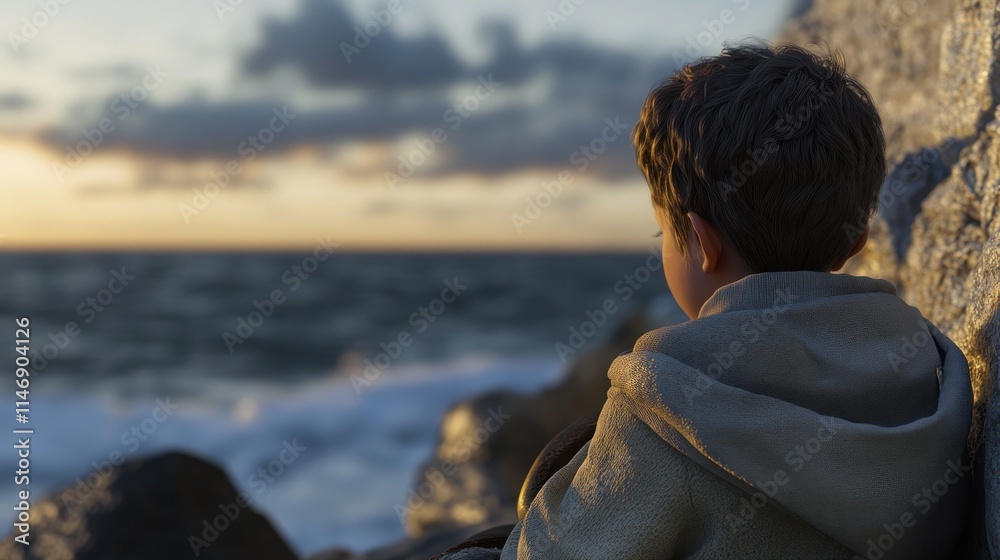 Boy sits on rocks by ocean, watching sunset. Boy sits on rocks by ocean, watching sunset.