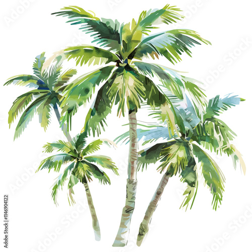 A watercolor vector of a cluster of tropical coconut palms, isolated on a white background. Tropical coconut palms vector.
