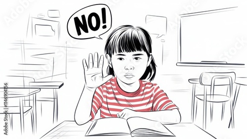 Young Girl in Classroom Raising Hand to Say 'No!' with Illustration Style