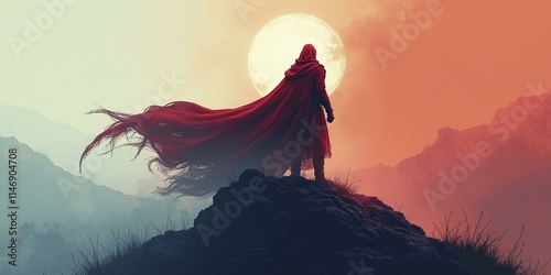 Illustration of Warrior standing tall on a mountaintop, with the wind whipping around and dramatic skies creating a powerful, heroic atmosphere
