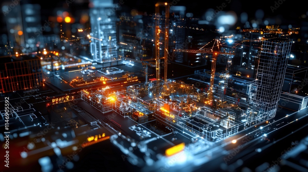 3D-rendered construction site with glowing data overlays showing resource allocation, real-time equipment tracking, and structural simulations 3D-rendered construction site with glowing data overlays showing resource allocation, real-time equipment tracking, and structural simulations