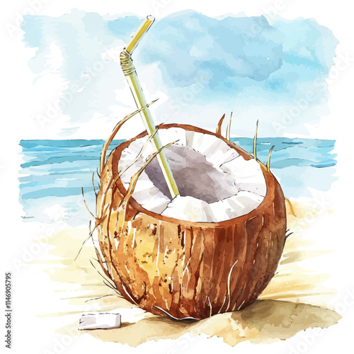 A watercolor vector of a coconut drink with a straw on a beach table, isolated on a white background. Coconut drink beach table vector.
