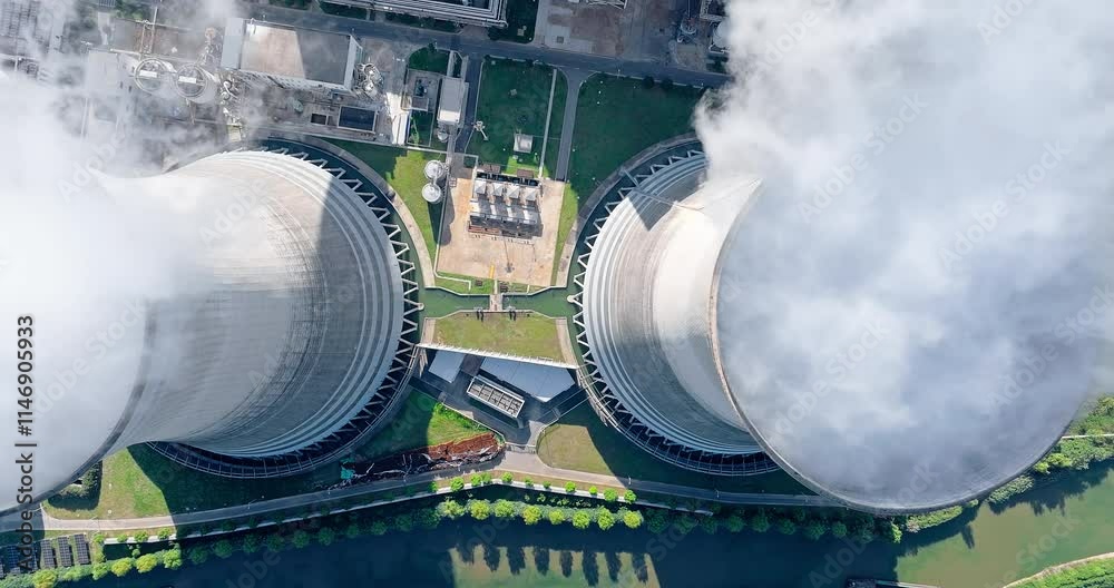 Aerial view of steam rises from the huge chimneys of the operating power plant