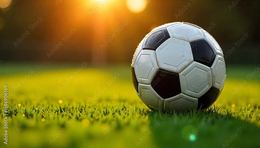 Fototapeta premium A soccer black and white ball on a lush green grass field.