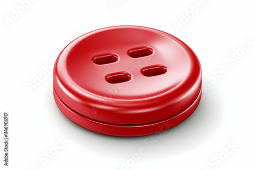 A shiny red button with four holes, commonly used for fastening clothing.