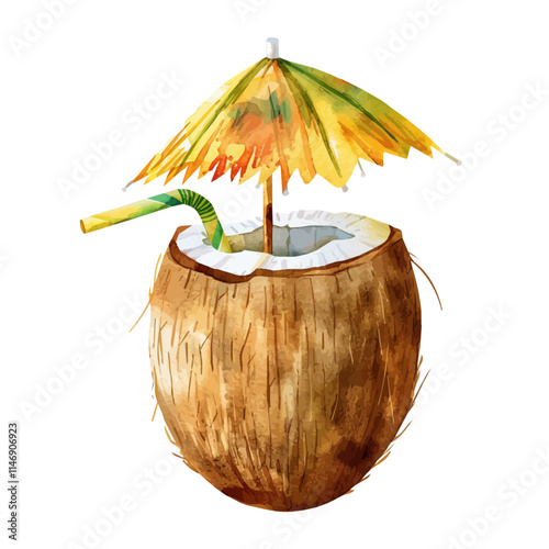 A watercolor vector of a cold coconut drink with a straw and an umbrella, isolated on a white background. Coconut drink umbrella vector.
