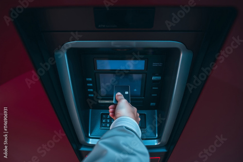 Closeup of man inserting credit card in ATM machine. Business, person and hand with credit card at ATM for check account balance photo