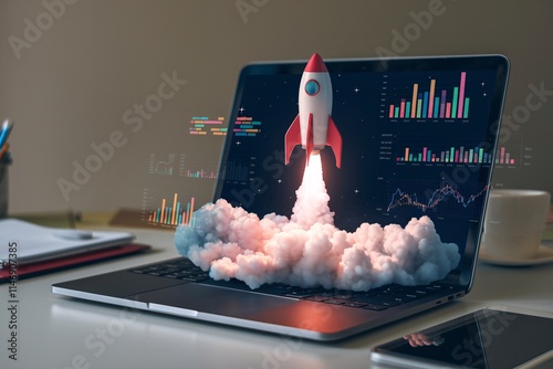 Rocket taking off from laptop screen background, financial startup business concept
