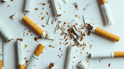 Scattered Cigarettes with Torn Wrappers on a White Surface. Concept of Smoking, Tobacco Addiction, Unhealthy Habits, and Environmental Impact photo