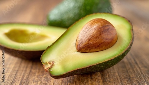 Ripe Avocado Cut in Half Showing the Seed on a Wooden Background