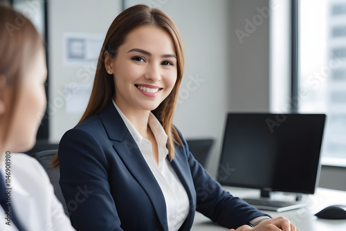 Smiling businesswoman working with colleague in modern office