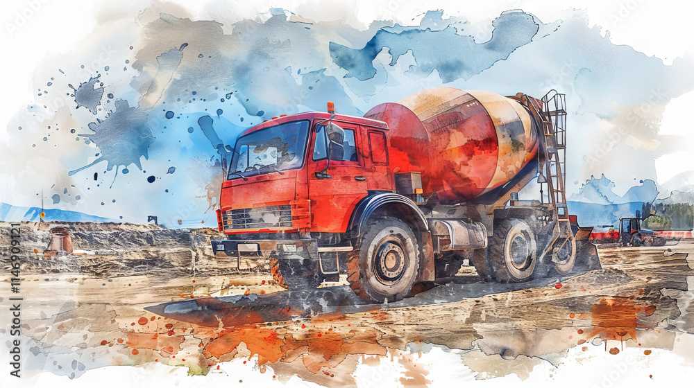 Watercolor Illustration of a Red Concrete Mixer Truck in a Construction Site. Concept of Construction Equipment, Industrial Machinery, Urban Development, Artistic Representation Watercolor Illustration of a Red Concrete Mixer Truck in a Construction Site. Concept of Construction Equipment, Industrial Machinery, Urban Development, Artistic Representation