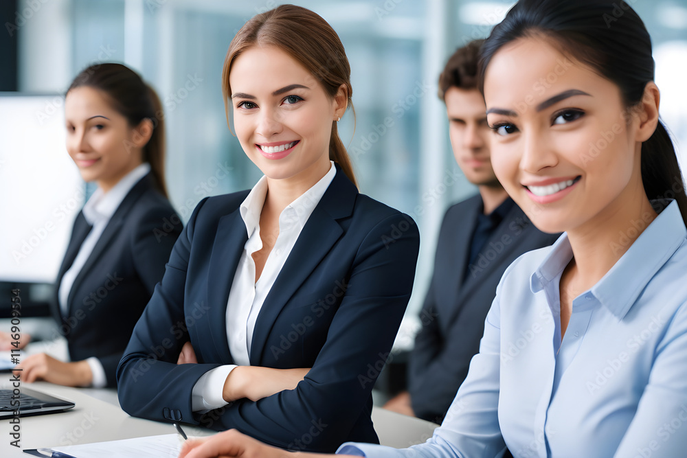Businesswomen smiling during corporate meeting in office Businesswomen smiling during corporate meeting in office