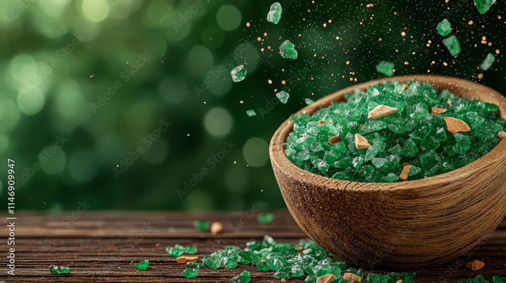 A wooden bowl filled with green crystals on top of a wooden table A wooden bowl filled with green crystals on top of a wooden table