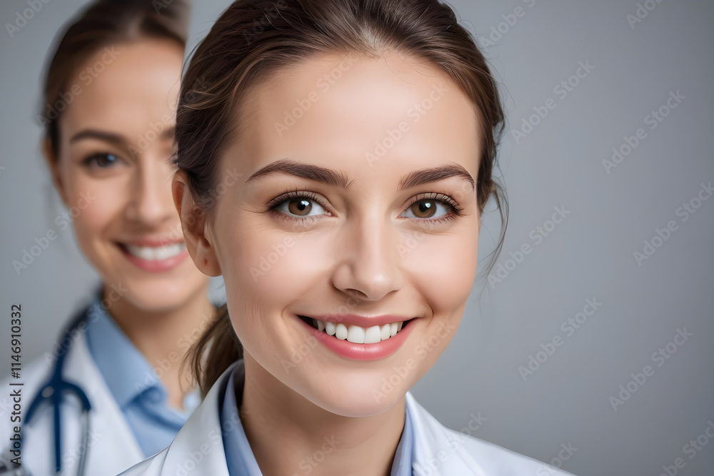 Two smiling female doctors wearing white coats and showing confidence Two smiling female doctors wearing white coats and showing confidence