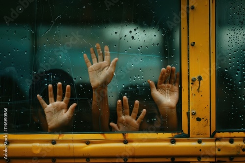 Children press their hands against a school bus window while enjoying the warm sunshine during an afternoon outing in a park photo