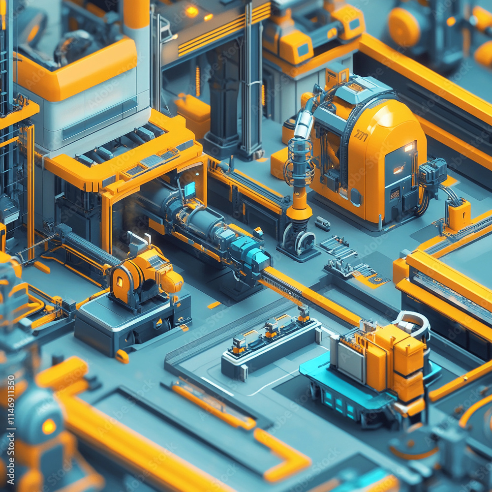 Futuristic industrial complex with orange and gray machinery in a highly detailed digital environment