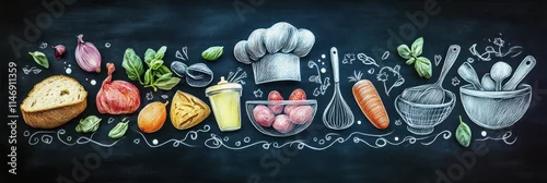Panel kuchenny z motywem Chalkboard illustration of various food items and cooking utensils.