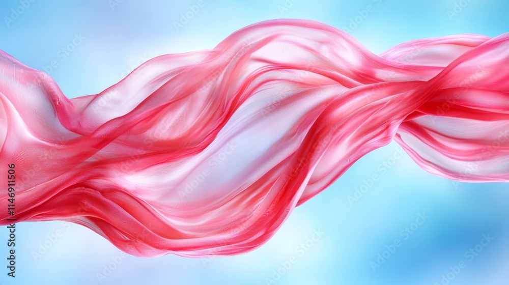 A pink and white fabric blowing in the wind on a blue background