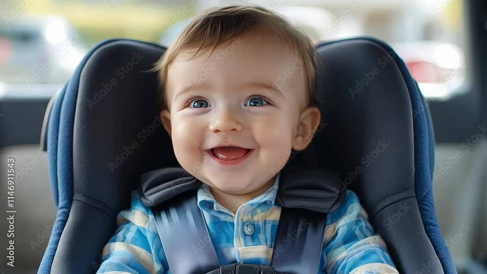 A joyful baby with bright eyes and a big smile enjoys a safe ride in a car seat, surrounded by a cheerful atmosphere A joyful baby with bright eyes and a big smile enjoys a safe ride in a car seat, surrounded by a cheerful atmosphere