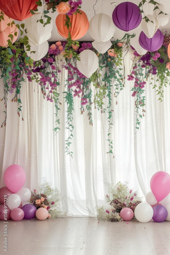 Obraz premium A beautifully decorated party space featuring colorful balloons, hanging lanterns, and vibrant floral arrangements against white drapes.