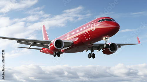 A red airplane flying through a cloudy sky, showcasing transport and travel.