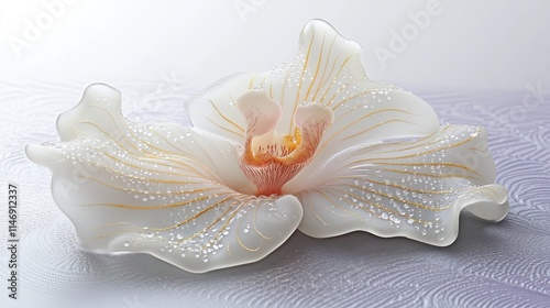 Close-up of a white orchid with dew drops, delicate gold lines on petals, resting on a patterned surface.