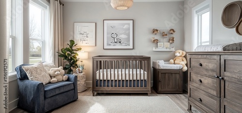 Cozy nursery with crib, changing table, and plush toys for a child's room.