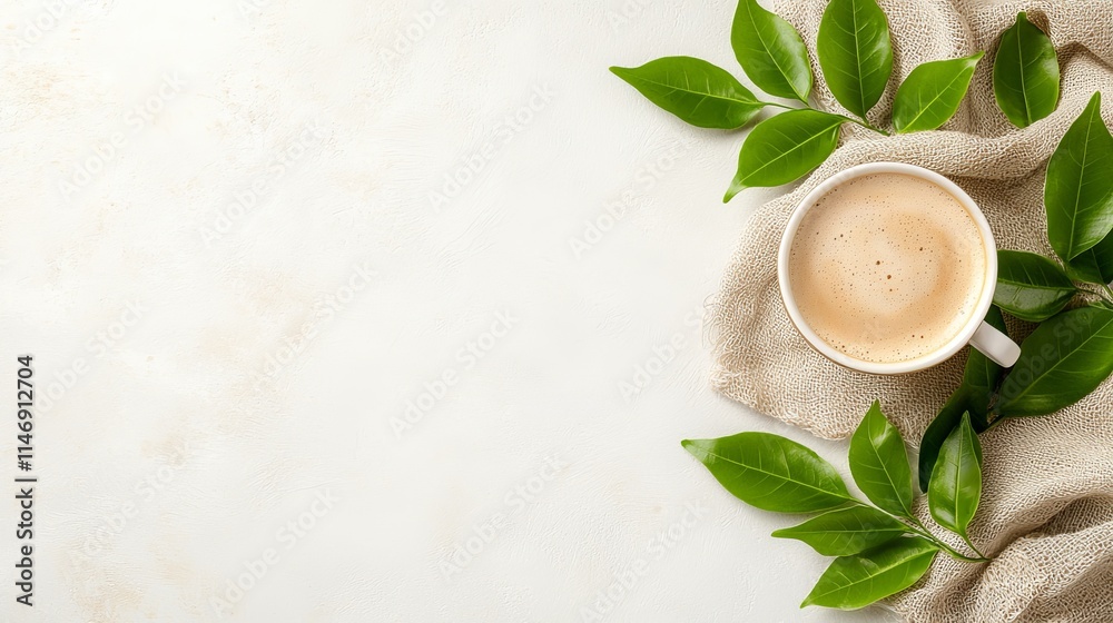 A cup of coffee with green leaves on a white background A cup of coffee with green leaves on a white background