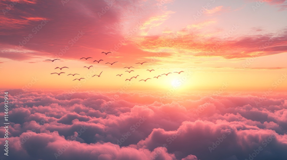Fototapeta premium Flock of Birds Flying Across a Vibrant Sunset Sky Over Soft Clouds, Symbolizing Seasonal Change and the Arrival of Spring