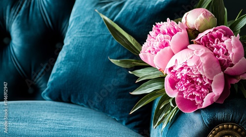 Fototapeta Naklejka Na Ścianę i Meble -  Pink peonies on a soft velvet cushion, close-up shot, Minimalist style
