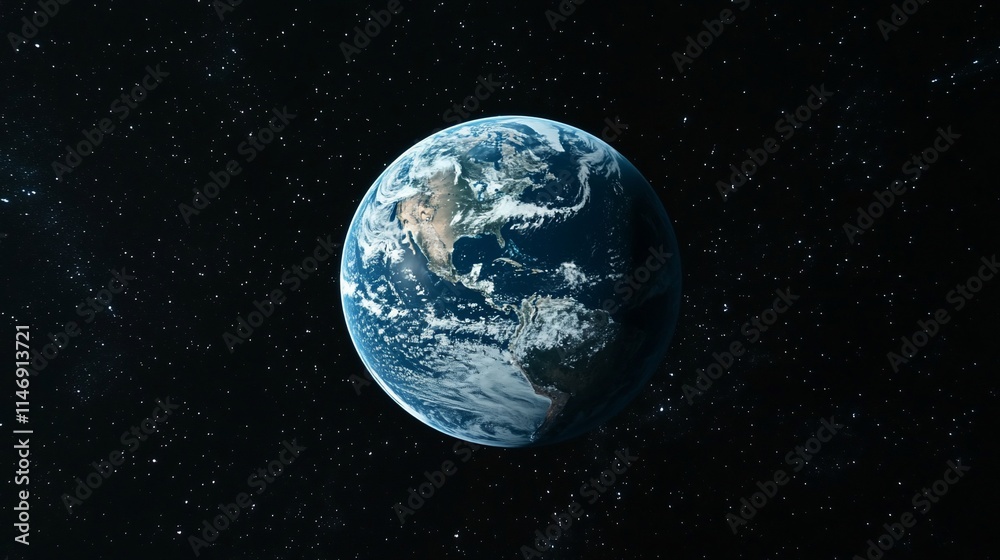 Earth from space, showing North and Central America, with clouds and a starry background. Earth from space, showing North and Central America, with clouds and a starry background.