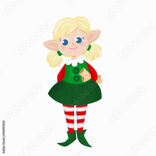 A girl elf in a traditional elven costume stands straight with paper scrolls in her hands. The girl is wearing a dress and has blond hair.